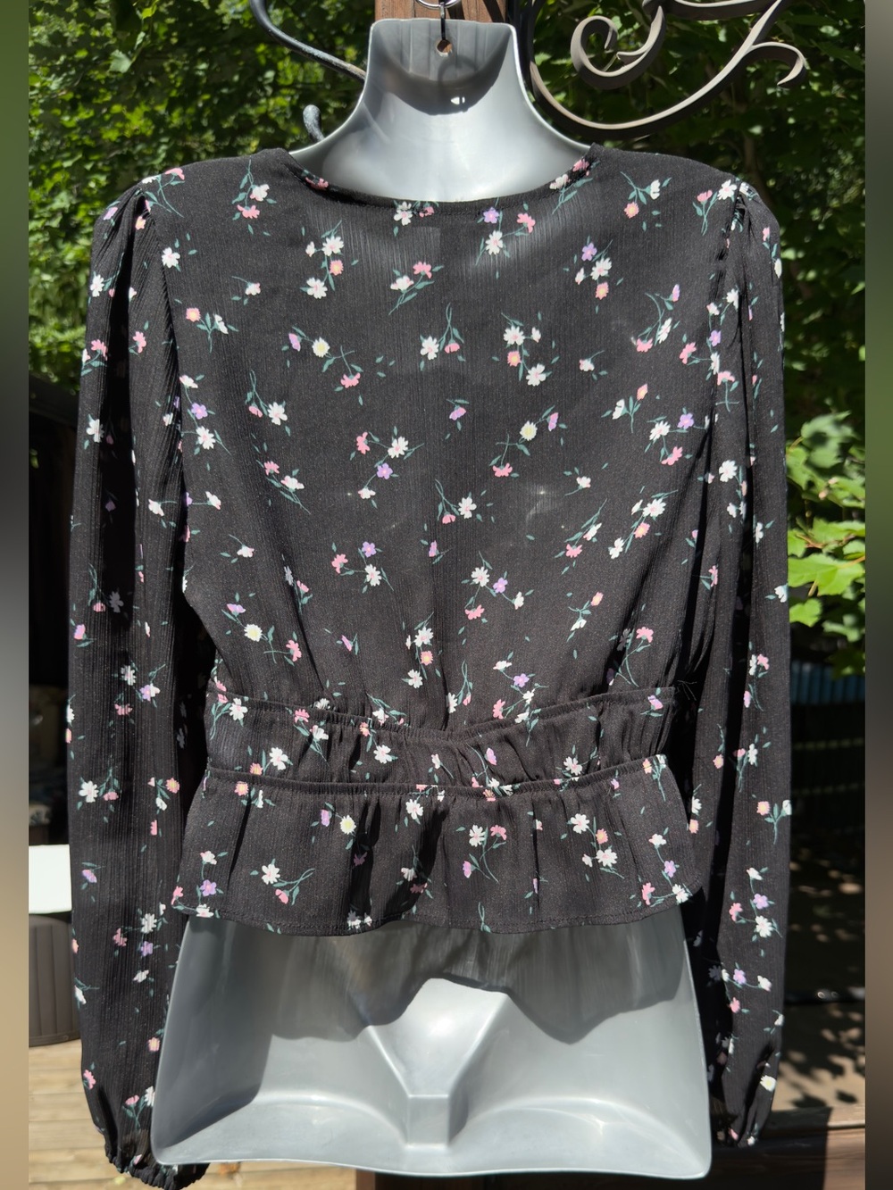Dynamite Black Floral Wrap Peplum Blouse Long Sleeve | Size P/S - Picture 6 of 9